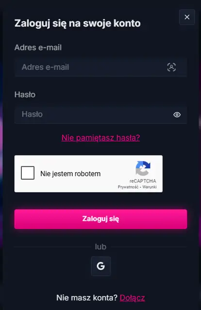 Formularz logowania do Xon Casino